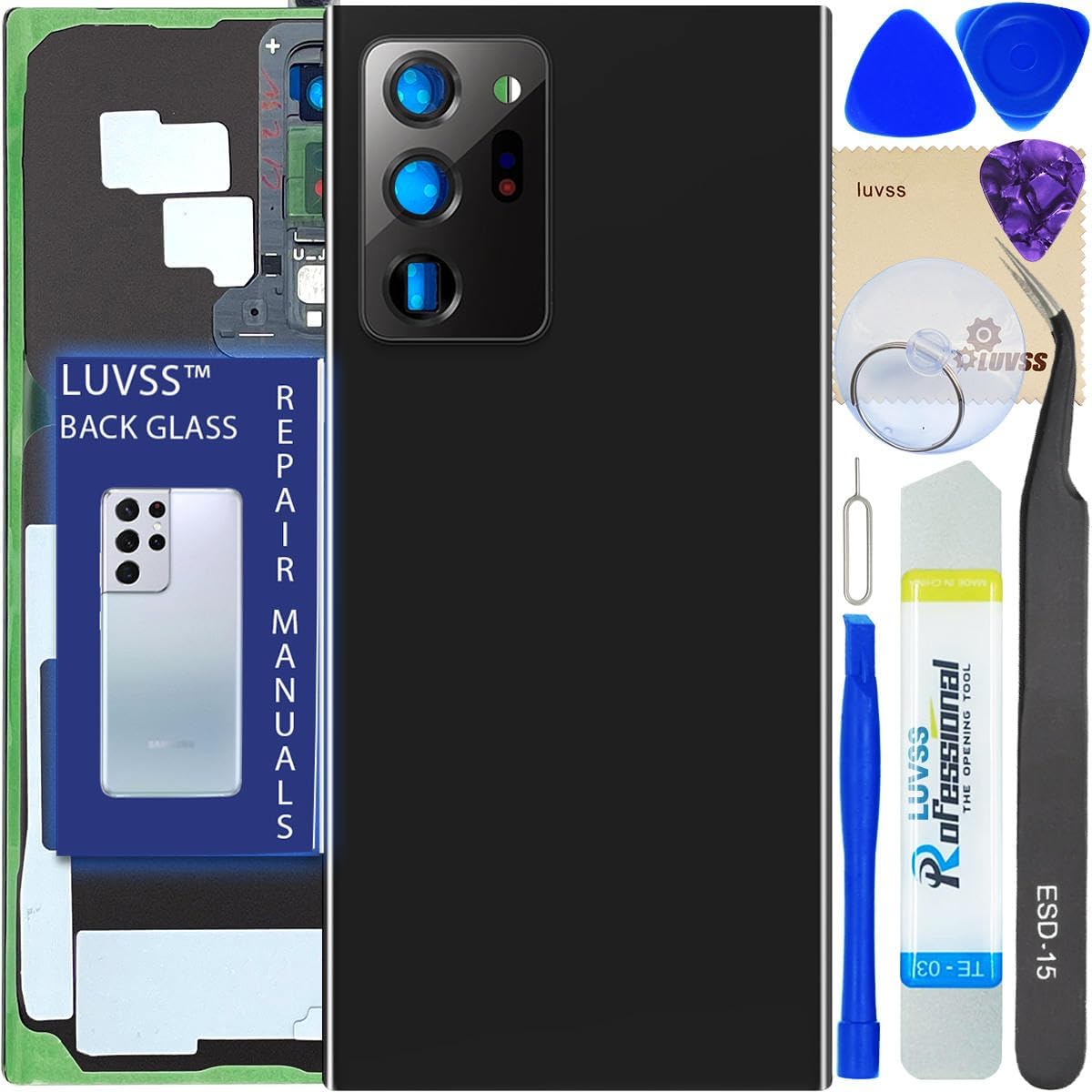 LUVSS Back Glass Cover Replacement Compitable with Samsung Galaxy Note 20 Ultra Rear Glass + Camera Lens + Repair Manual DIY Tools Kit SM-N986B/DS (Black)