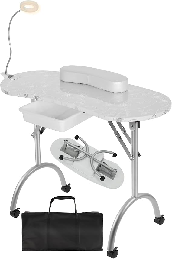 Whalefall Portable Manicure Nail Table, Foldable Manicure Table with Drawer, LED Lamp, 4 Lockable Wheels and Carry Bag, Professional Nail Desk with Wrist Cushion (White, 30" H)