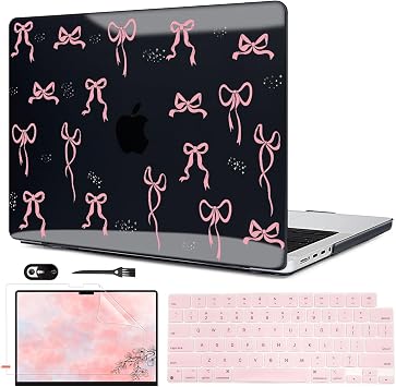 for M4 MacBook Pro 16 inch Case 2024 2023 2022 2021 A3186 A3403 A2991 A2780 A2485 M4 M3 M2 M1 Pro/Max Chip with Touch ID, Printed Pattern Plastic Hard Shell Case Cover, Pink Bowknot Black