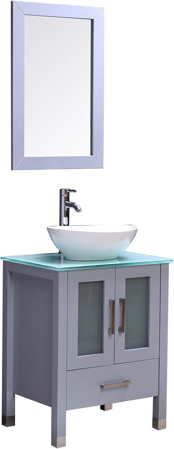 24'' Tempered Glass Top Modern Bathroom Vanity and Sink Combo Stand Cabinet,White Oval Ceramic Vessel Sink with Mirror,Contains Faucet and Pop-up Drain (Grey)