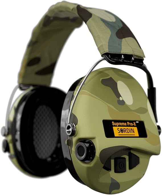 Sordin Supreme Pro X - Active Safety Ear Muffs with LED Light - Hearing Protection with Gel Seals - Camo Headband and Cups