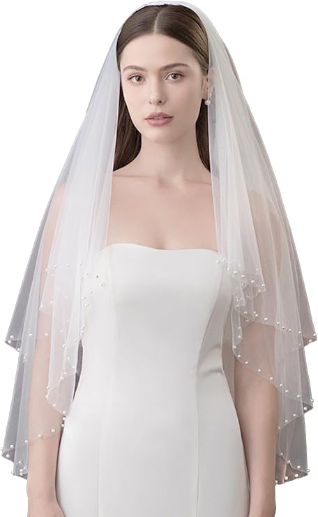 Bow Bridal Veils Double White Layer Pearl with Comb Bachelorette for Bride Wedding Veils