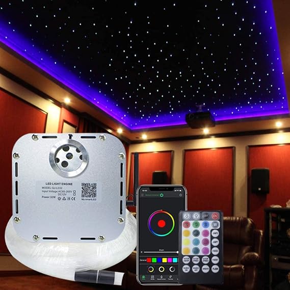 32W RGBW APP Twinkle Fiber Optic Star Ceiling Light Kit for Home and Media Movie Room Decora, Sound Activated Light Engine+Remote Control+Mixed Cable 800pcs 5m (0.75+1+1.5mm) [Energy Class A]