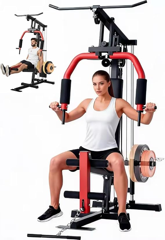 Multifunctional Home Gym - 300 LB Strength Training Station with Preacher Curl Pad & Leg Developer, Compatible with 1" & 2" Weight Plates for Full Body Workouts, Red & Black