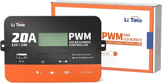LiTime 12V/24V 20Amp PWM Solar Charge Controller (No Build-in Bluetooth) with LCD Display & USB Output for FLA, Gel, SEL and Lithium Battery