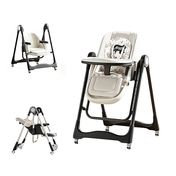 5-in-1 Baby High Chair with Locking Wheels, Foldable Multifunctional Infant Feeding Chair with Music & Early Learning, Adjustable Height and Reclining Backrest, Double Tray for Newborns to Toddlers