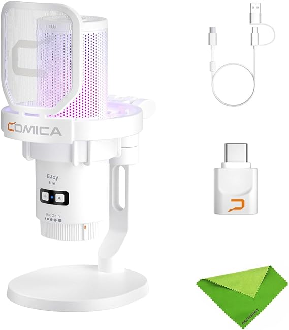 comica EJoy Uni Pro (D)-Wireless White Microphone for Computer and Smartphone,RGB Cardioid Condenser Gaming Mic for Podcasting,Streaming,Recording,with Desktop Stand