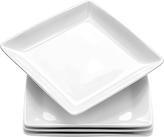 Porcelain Square Dinner Plates, 8.4 in White Dessert Plates, Set of 4