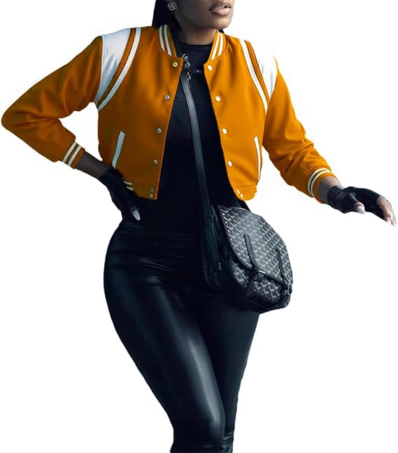 Women's Varsity Bomber Jacket Short Button Down with Pockets