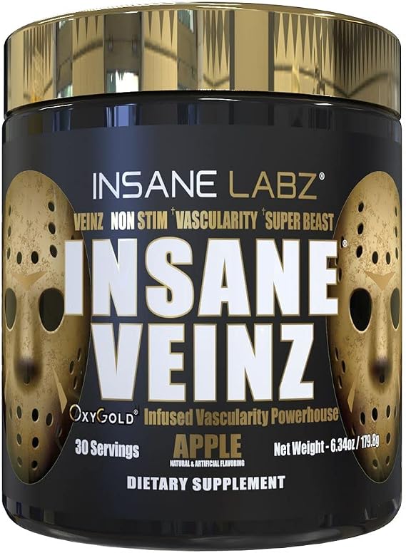Insane Labz Insane Veinz Gold, Nitric Oxide Non Stimulant pre Workout Powder, Loaded with Hydromax, Nitrosigine, Increases Vascularity and Blood Flow, 30 Srvgs, Apple