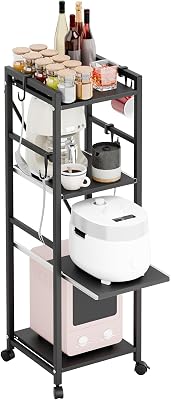 4 Tier Kitchen Rolling Cart, Microwave Stand with Drawers & Hooks, Coffee Bar Cart Bakers Rack, Small Appliance Storage Trolley with Wheels, Small Island for Kitchen Black