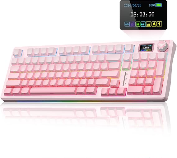 AULA S98 Pro Mechanical Gaming Keyboard,Tri-Mode BT5.0/2.4GHz/USB-C Wireless Mechanical Keyboards with LCD Screen,Knob,RGB Backlight,Hot Swappable Custom Keyboard for PC/Mac/Office/Gaming (Pink)