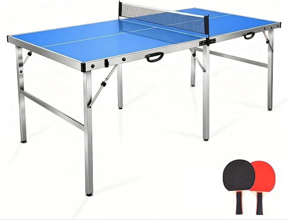 6ft Folding Table Tennis Table, Portable Ping Pong Table Set with Net, 2 Paddles, 4 Balls, Indoor Outdoor for Family Entertainment, Blue