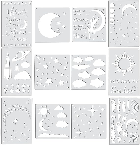 12 Pieces Moon and Star Stencil Clouds Stencil Reusable Star Template Planet Plastic Stencil Template Star for Painting on Wood Wall Notebook Card DIY Drawing Painting Craft Project
