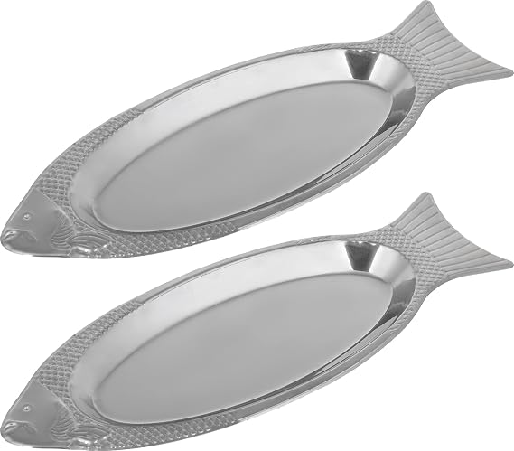 Metal Oval Fish Platter - Pack of 2 - Stainless Silver Dishes Serving Plates - Metal Oval Fish Tray