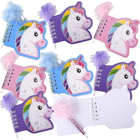 ArtCreativity Unicorn Notebook and Pen Set for Kids, Set of 12, Feather-Tipped Pen and Small Glittery Note Pad with Loop Pen Holder Per Set, Fun Stationery Party Favors, Goodie Bag Fillers, Teacher Re