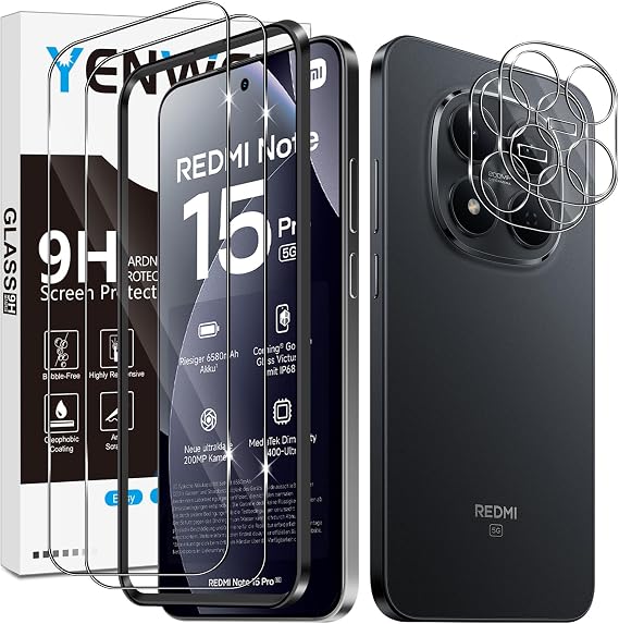 Screen Protector for Xiaomi Redmi Note 15 Pro 5G, 2 Pack of Tempered Glass with 2 Camera Protection, 9H Hardness Protective Glass Mobile Phone Film HD Clear