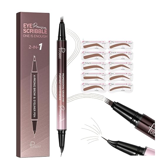 2-in-1 Curved Eyebrow Pen and Eyeliner with 10Pcs Brow Stencils, Microblading Eyebrow Pencil with 4 Fork-Tip and Curved Precise Tip, Waterproof and Long Lasting Eyebrow Pencils for Women, Soft Brown