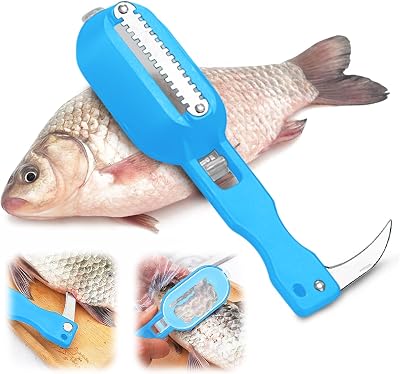 Fish Descaler Tool-2 in 1 Fish Scaler Remover with Knife Fish Scaler Fillet Knife Fish Cleaning Tool with Scaler Container Blue