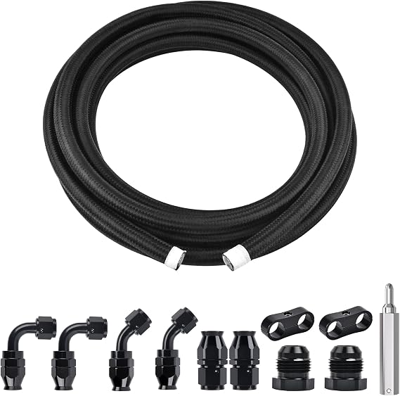 EVIL ENERGY 4AN PTFE Fuel Line Kit 10FT, AN4 E85 Nylon Braided PTFE Fuel Hose Line Kit Black Hose