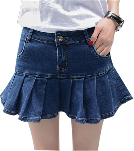 Yeokou Y2K Low Waisted Built-in Shorts Denim Skirt 2000s A-line Ruffle Pleated Mini Jean Skort for Streetwear Club