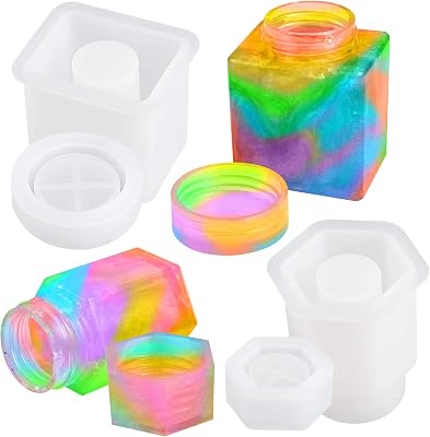 NiArt Epoxy Resin Silicone Molds DIY Casting Wide Mouth Screw-On Cap Jar 2 Pack Hexagon Jar with LidSilicone Epoxy Casting Mold for Small Square BottleDIY Jewelry Container Storage Box