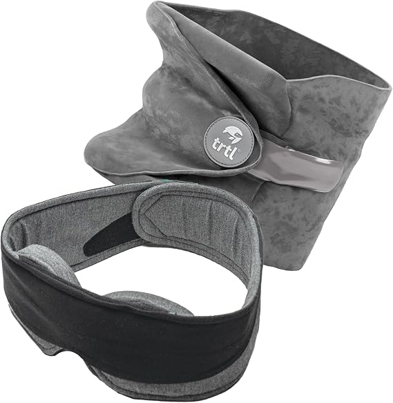 Trtl Travel Pillow and Glimpse Sleep Mask Bundle - Comfortable Neck Pillow for Traveling - Breathable, Cooling Eye Mask for Sleeping - Grey