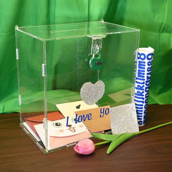 Modern Acrylic Wedding Card Box, 10.2X10.2X6.3 INCH, Letter Print, Flip Top, Lock, Square, Clear Card Box for Wedding Reception, Party, Graduation, Baby Shower