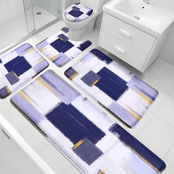 XLHOMO Blue Memory Foam Bathroom Rug Sets 5 Piece, Absorbent Non-Slip Bath Mat with Toilet Lid Cover for Bathroom, Extra Thick Water Absorbent Navy Blue Bath Rugs for Tub, Toilet and Floor