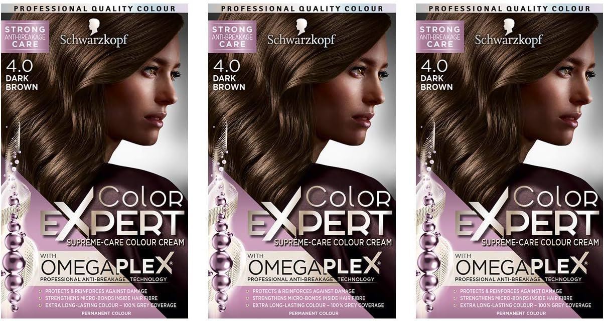 Schwarzkopf Color Expert Omegaplex Hair Dye, 4.0 Dark Brown, Pack of 3