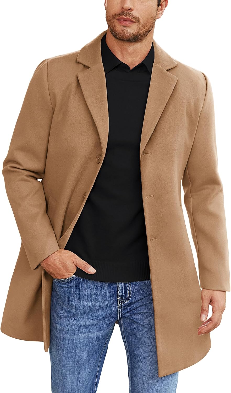 COOFANDY Mens Wool Blend Coat Winter Trench Coats Notched Lapel Collar Single Breasted Overcoat Classic Peacoat With Pockets