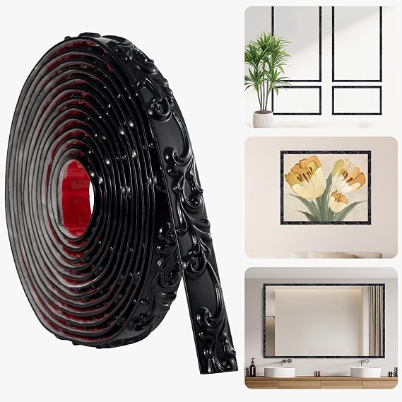 16.4FT x 1.02'' Black Peel and Stick Crown Molding Trim Self-Adhesive Mirror Border & Cabinet Edge, Flexible Decorative Trim for Interior Use