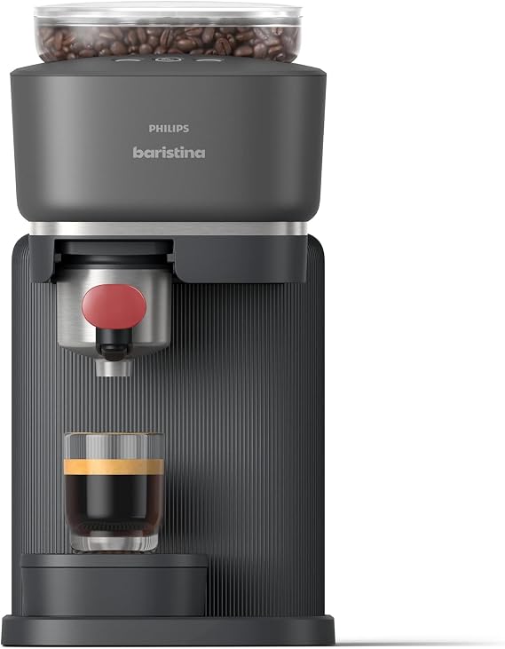 Philips Baristina Espresso Machine Coffee Bean Grinder Tamp Brew with One Swipe Compact 16 Bar Pump Pressure Automatic Grinder Black with Berry Red