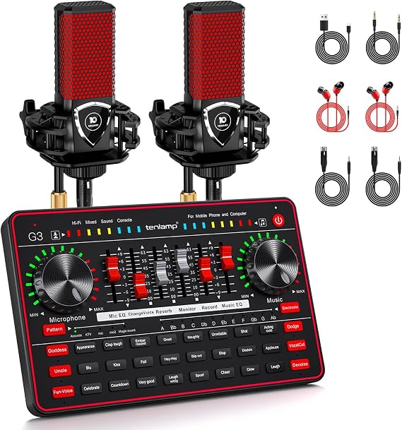 TENLAMP G3 Audio Mixer Bundle with Dual Microphones for Streaming & Karaoke