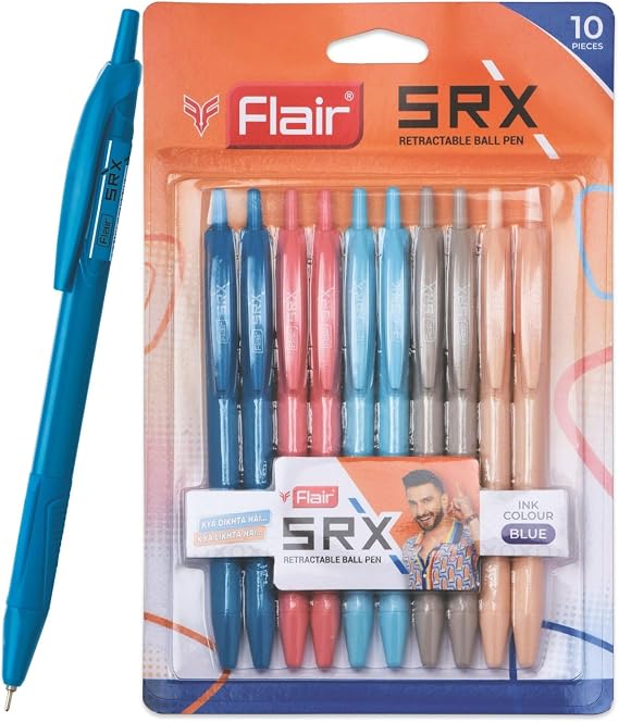 FLAIR Srx 0.7mm Retractable Ball Pen Wallet Pack | Triangular Body Design For Better Grip | Light Weight Refillable | Smooth Writing Experience | Vibrant Solid Body Colours | Blue Ink, Set of 10 Pens
