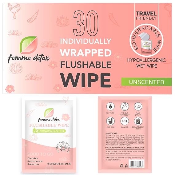 30 Count Flushable Feminine Wipes pH-Balanced & Unscented for Sensitive Skin | Individually Wrapped, Septic-Safe, Aloe-Infused | Travel & Home Use