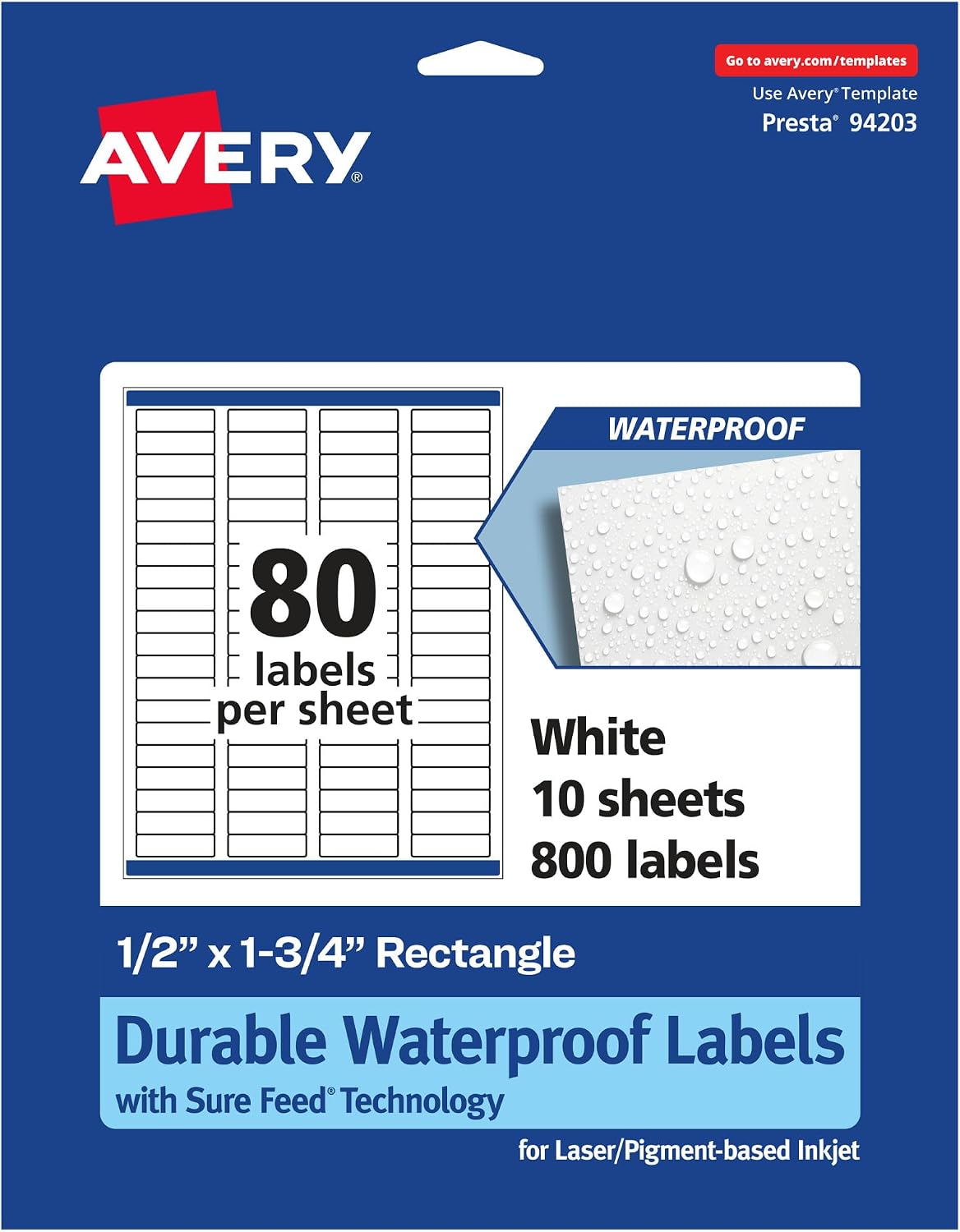 Avery Durable Waterproof Rectangle Labels, Sure Feed Technology, 0.5 x 1.75, 800 Total, Oil and Tear-Resistant, Waterproof, LaserPigment-Based Inkjet Printable