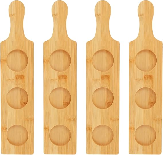 4PCS Flight Board for Tasting, 3 Slots Wooden Wine Holder Serving Display Rack Paddle 2.17 INCH Dia Base, Paddle Board Drink Holder for Whiskey, Beer,