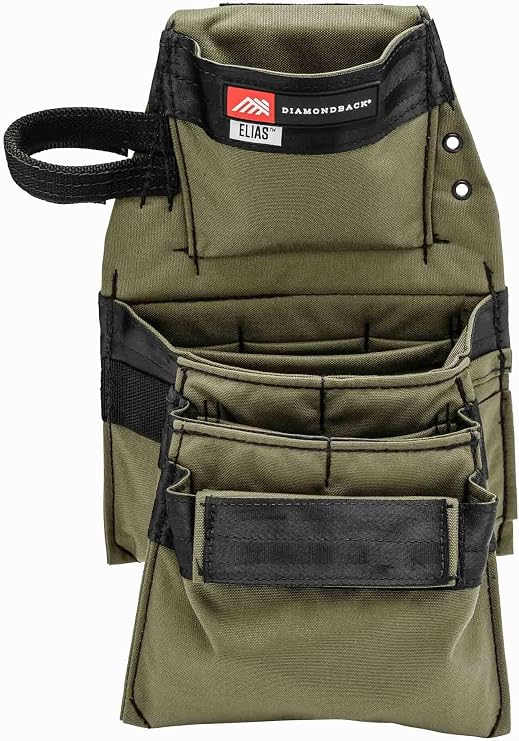 The Diamondback Elias 2.0 Tool Pouch, Ranger Green, Left Side | for Carpenters, Remodelers, Framer | Holder for Drill, Driver, Hand Tools, Chalk Line, Punch, Chisel, Marker