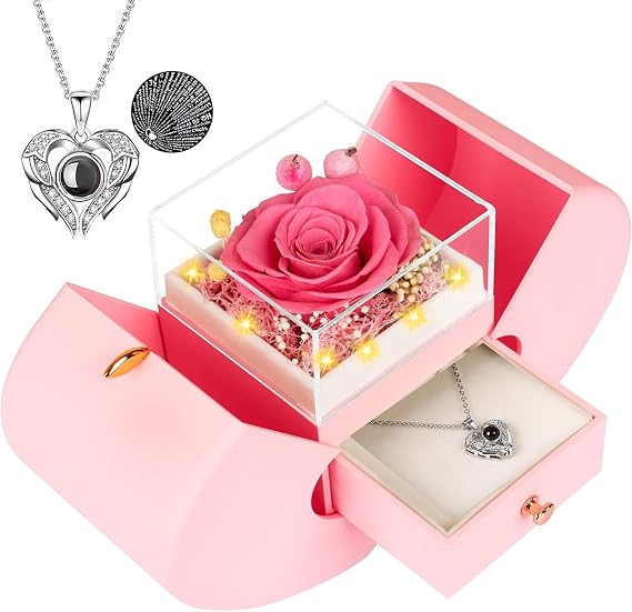 moshen Preserved Rose Gift Box with LED Lights, Red Floral Arrangement, Romantic Jewelry Display Case for Valentine's Day, Anniversary, Birthday (Pink)