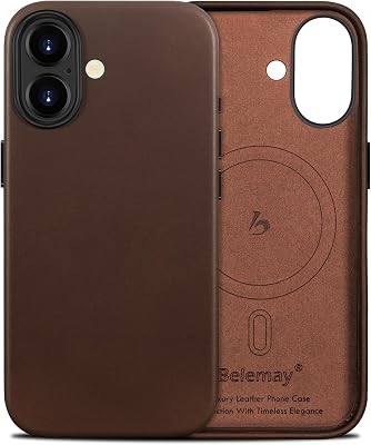 Belemay Handcrafted Full-Grain Vegetable-Tanned Leather Case for iPhone 17, Compatible with MagSafe, Classy Two-Tone Effect, Natural Patina, Camera Control Button, Metal Buttons 6.3 Bourbon Brown