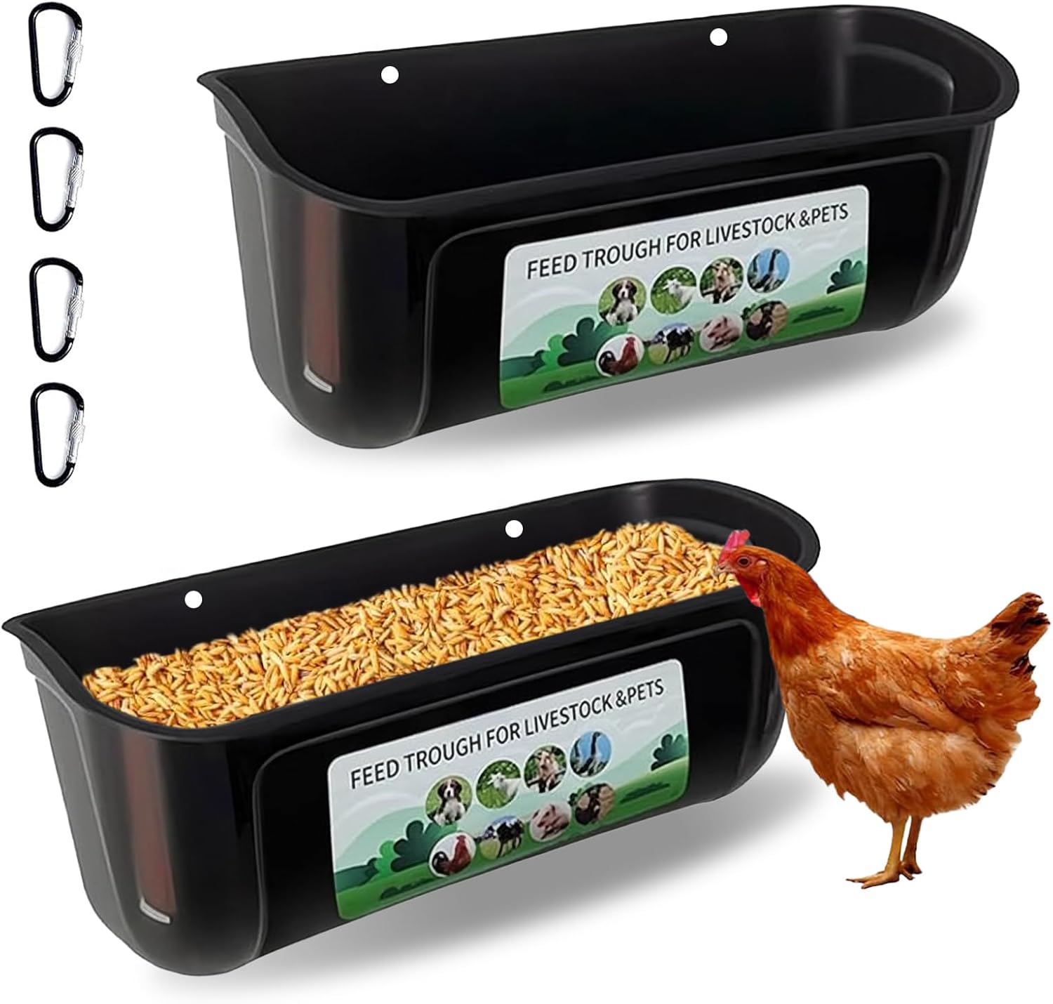 2 PCS Hanging Poultry Feed Trough, Chicken Trough Feeder Hanging Fence Feeder with Clips Goat Feeders Large Capacity for Chickens Ducks Geese Farm Animals (Black)