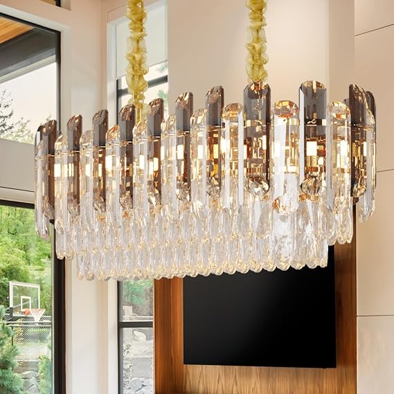 Crystal Chandelier Ceiling Light: 3-Tier Modern Adjustable Height Round Pendant Lamp with 3 Dimmable Colors for Living Room Kitchen Bedroom Hallway Transparent Grey 23.6” x 11.8”, E14 x 6 [Energy Class F]