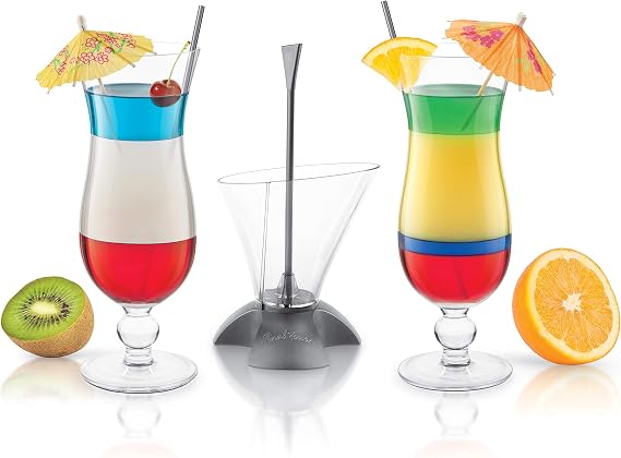 Final Touch Rainbow Cocktail Layering Tool & Hurricane Glasses, 3-Piece Set