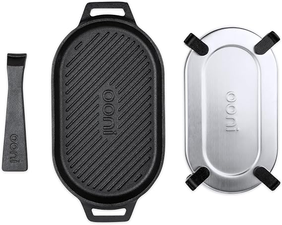 ooni Cast Iron Grizzler Pan - Grill Frying Pan, 12 x 6 Griddle Plate with Removable Handle and Stainless Steel Trivet, Pre-Seasoned Non-Stick Oven Safe Cookware, Pizza Oven and BBQ Accessories