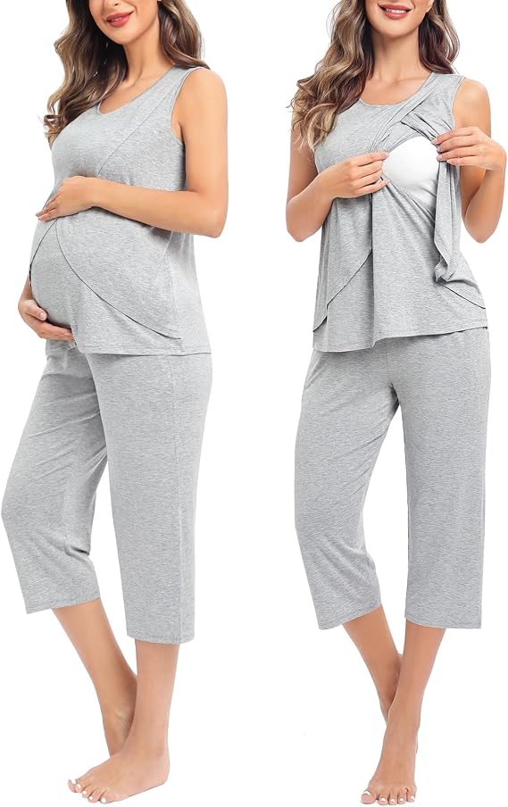 SWOMOG Women Maternity Pajama Set Nursing Pjs Double Layer Sleeveless Top Capri Pregnancy Set Breastfeeding Pjs with Pockets