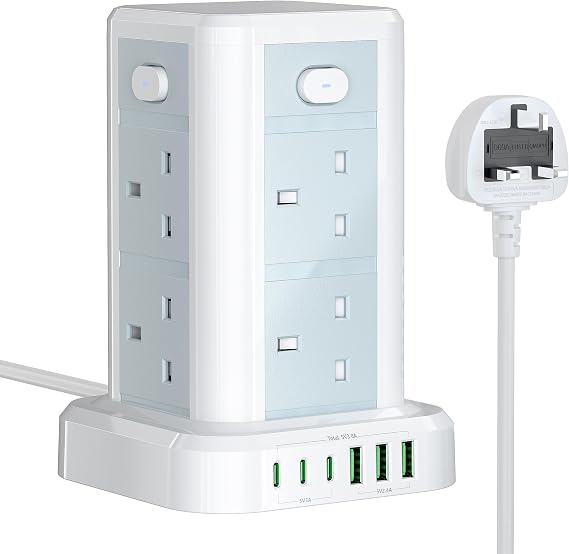 Tower Extension lead with USB Slots, Toomke 8 Way (13A/3250W) Plug Extension Socket Tower with 3 USB C and 3 USB A, Overload Protection Extension Cord with 4 Independent Switches, Power Cord 1.8M