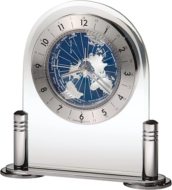 Howard Miller Discoverer Tabletop Clock Revolving World Map, Quartz Movement, Silver-Tone Columns, Battery Operated