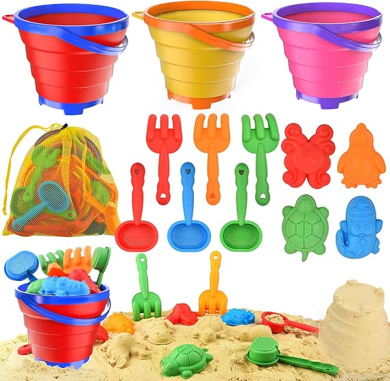 Collapsible Beach Toys for Toddler,Sandbox Toys for Kids 3 Packs Foldable Buckets with Sand Molds,Shovels&Mesh Bag for Beach Summer Outdoor Activities,Travel Sand Toys for Kids Boys Girls