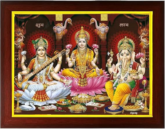 zig zag Laxmi ji Ganesh Ji And Saraswati ji Photo Frame For wall / Pooja room Size Medium ( 13.5x9.5 inches, Acrylic Glass)
